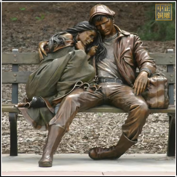 大型情侶街邊長凳休息人物雕塑